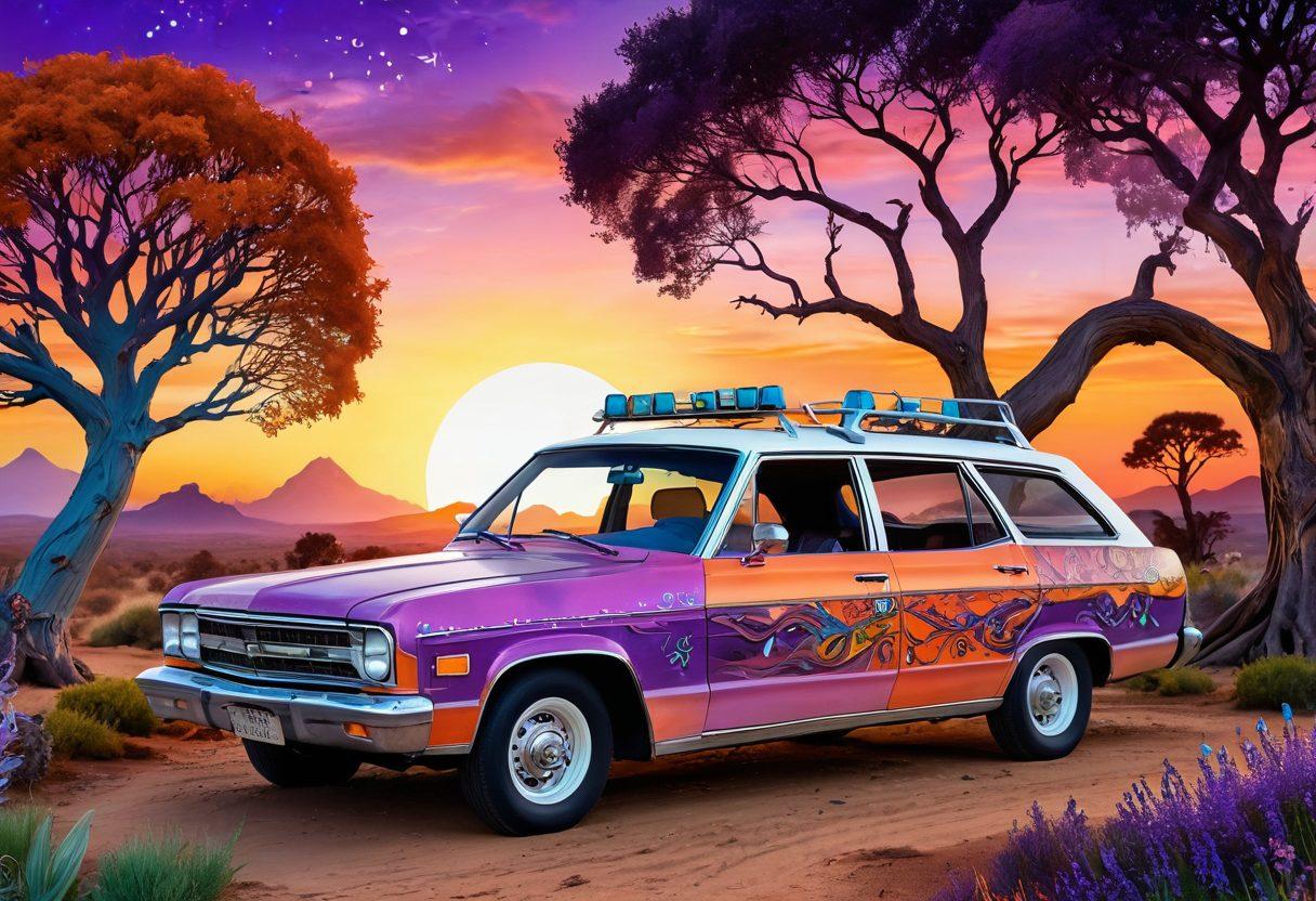 A whimsical scene featuring a mysterious vehicle with playful designs, surrounded by vibrant cosmic landscapes and curious creatures peeking from behind trees. In the background, a colorful sunset bathes the scene in warm orange and purple hues, suggesting adventure and discovery. The vehicle should evoke a sense of joy and mystery with unusual shapes and patterns. super-realistic. vibrant colors. fantasy art.