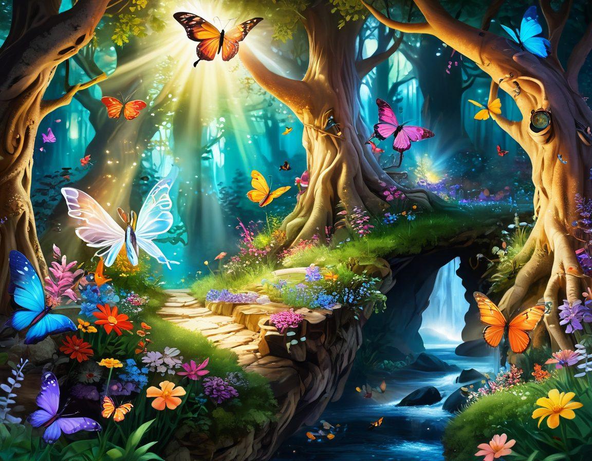 A whimsical landscape featuring a vibrant, enchanted forest filled with colorful flowers and cheerful creatures, with sparkling streams and a bright sun shining overhead. In the foreground, a diverse group of joyful adventurers, each with unique attire and expressions of wonder, are discovering a hidden treasure chest overflowing with light and symbols of cheerfulness. ethereal butterflies flutter around, enhancing the magical ambiance. highly detailed. vibrant colors. fantasy art.