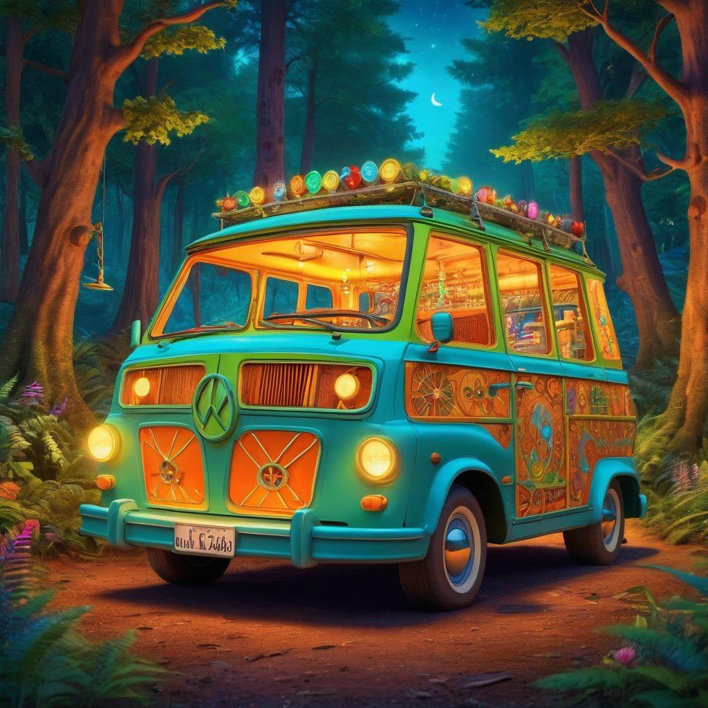 A colorful and whimsical mystery machine with intricate patterns, set against a backdrop of lush forests and hidden treasures. Vibrant characters with expressions of joy and curiosity explore the surroundings, uncovering secrets along the way. Add elements of fantasy like glowing lights and magical artifacts to enhance the adventurous theme. cartoon style. vibrant colors. whimsical.